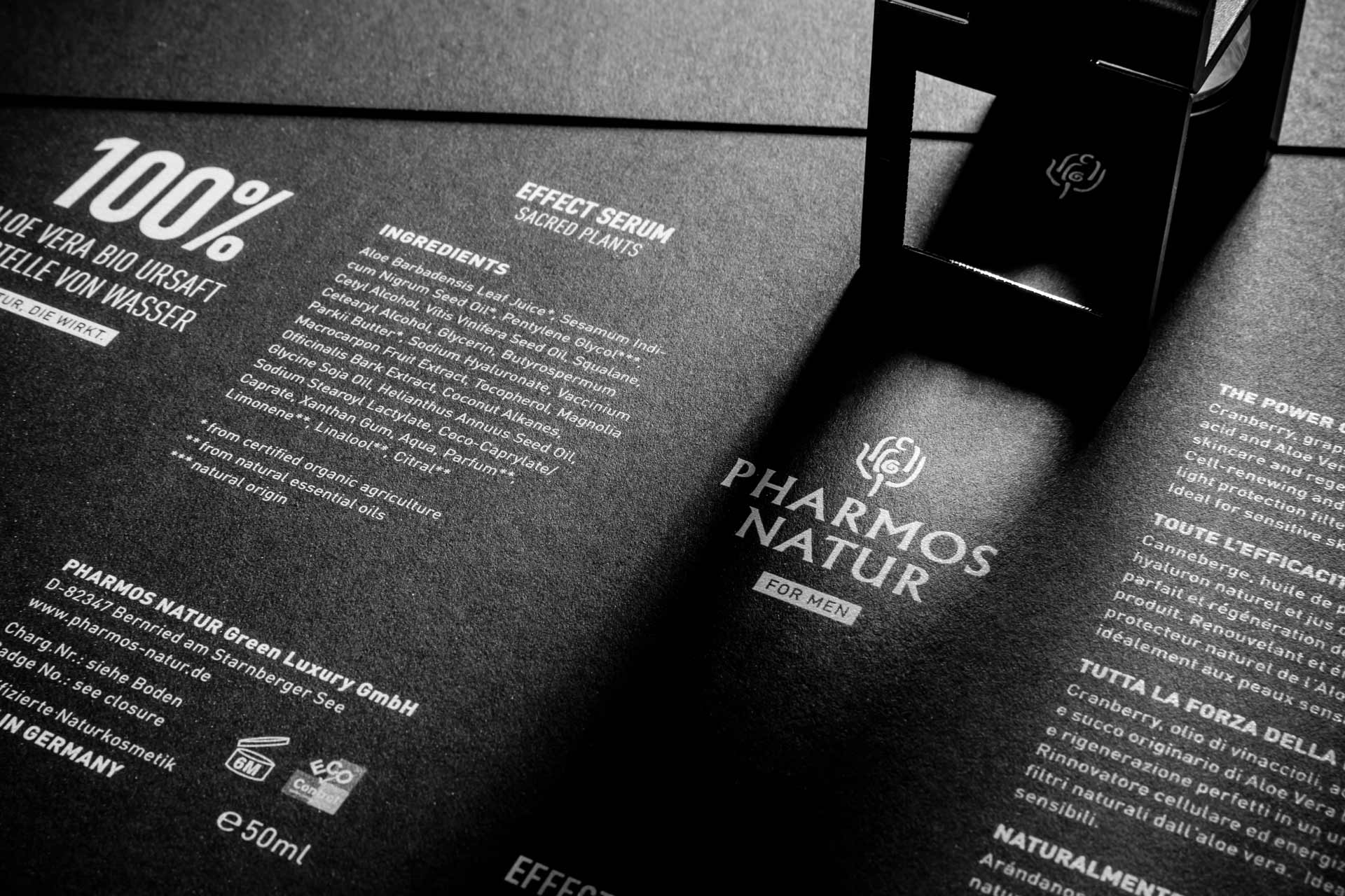 Pharmos Natur Männerlinie, Nature of Men, Fedrigoni, Sirio Ultra Black, Packagingdesign, Bernhard Hafele
