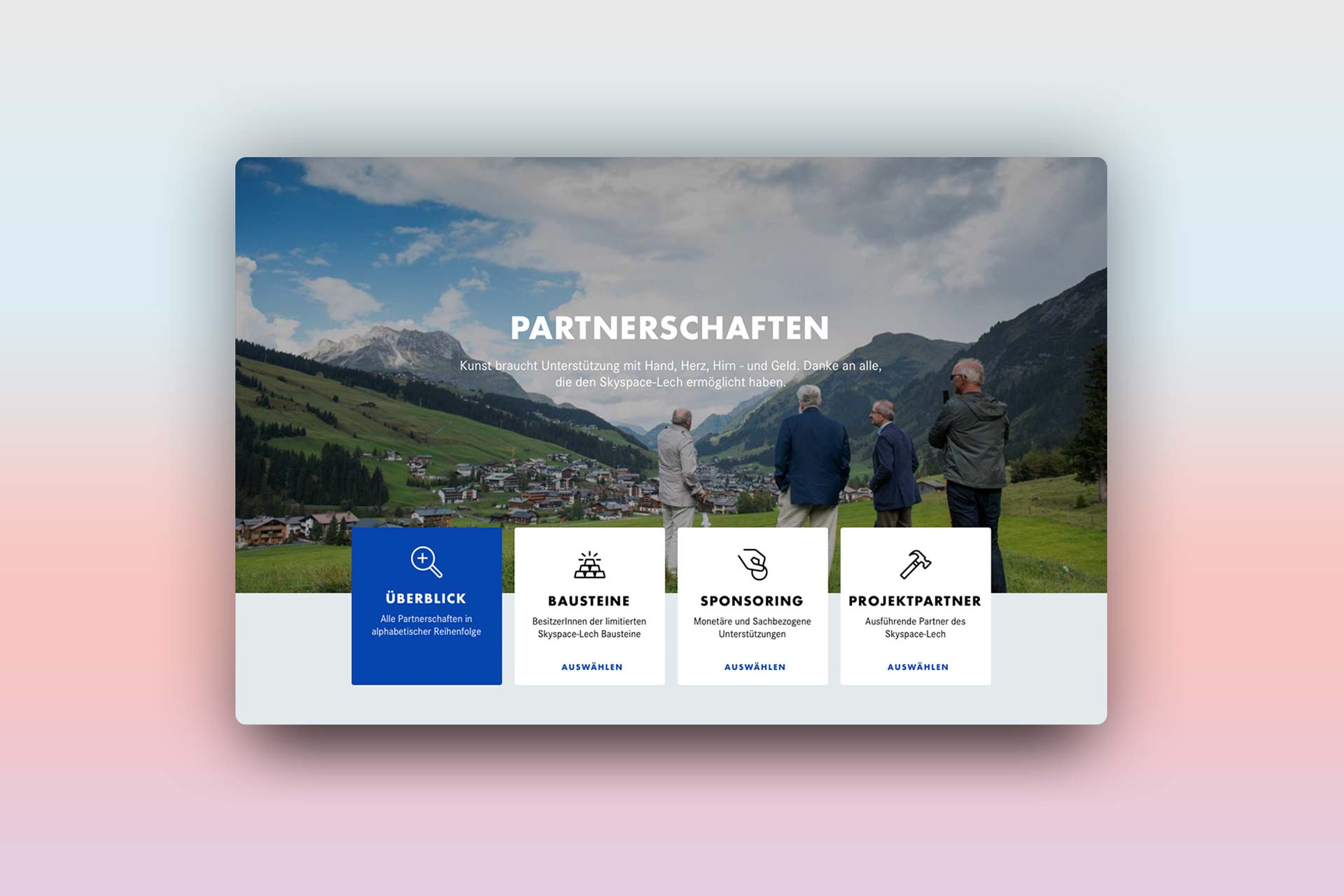 Partnerschaft, Webdesign skyspace Lech, UI, UX, Web, James Turrell, Kunst, Bernhard Hafele